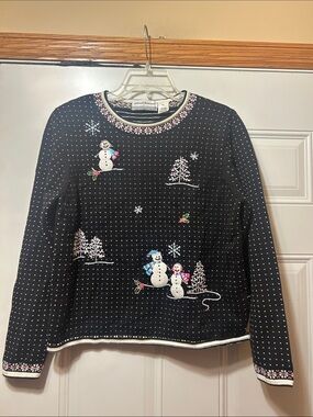 Alfred Dunner Black Crewneck Holiday‎ Snowman Sweater PXL